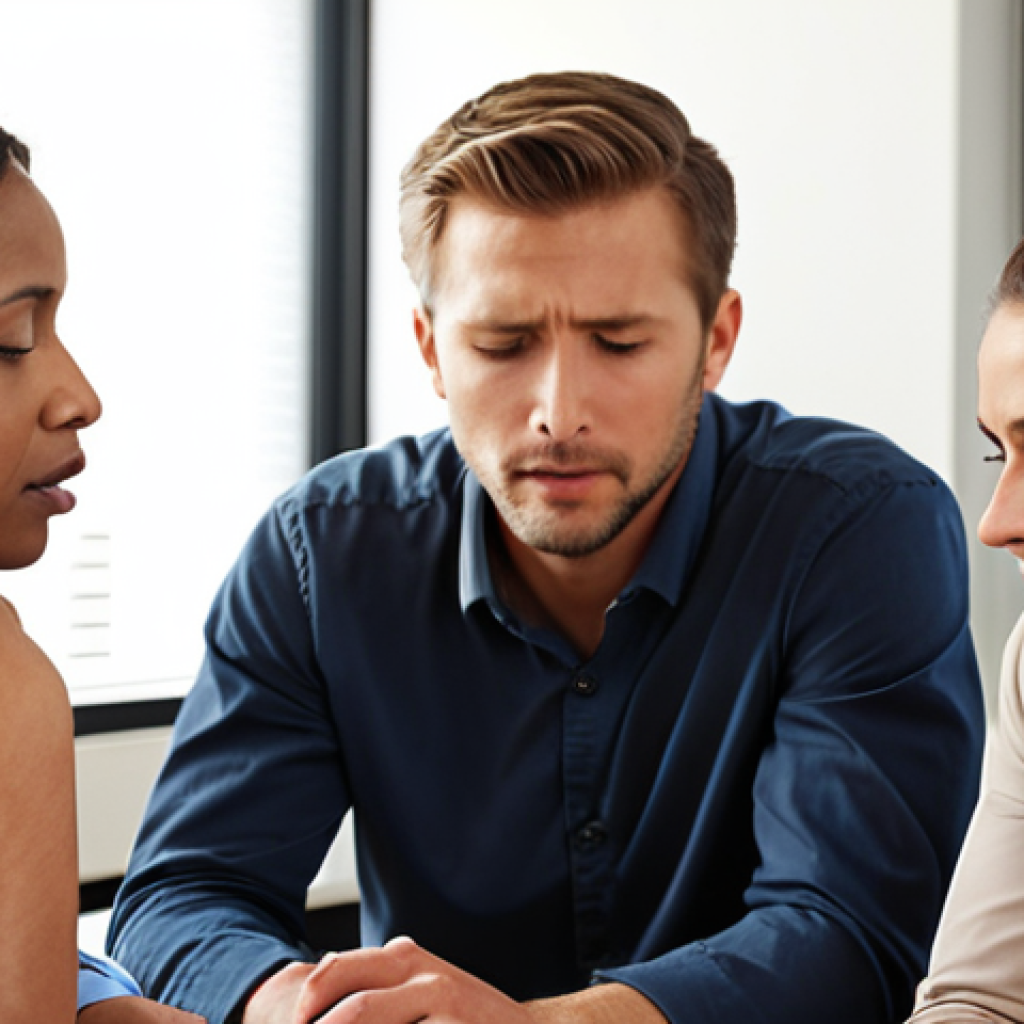 **

A diverse group of professionals in an office setting. Some are engaged in active listening (leaning in, nodding), others are offering support to a visibly stressed colleague. The overall atmosphere is collaborative and empathetic, with visual cues emphasizing connection and understanding. Soft, warm lighting. Include subtle visual metaphors for emotional connection, such as overlapping circles representing shared understanding.

**