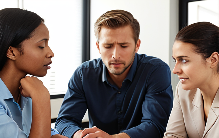 **
A diverse group of professionals in an office setting. Some are engaged in active listening (leaning in, nodding), others are offering support to a visibly stressed colleague. The overall atmosphere is collaborative and empathetic, with visual cues emphasizing connection and understanding. Soft, warm lighting. Include subtle visual metaphors for emotional connection, such as overlapping circles representing shared understanding.
**