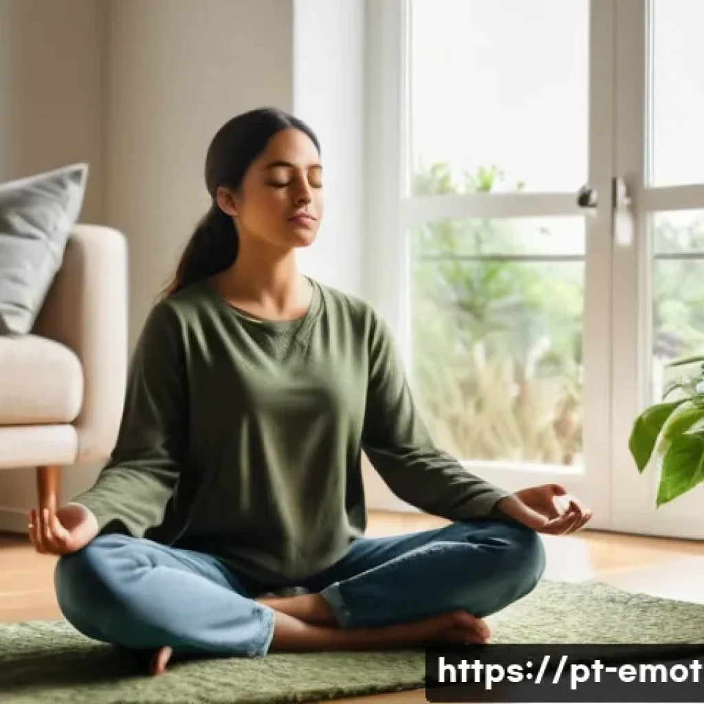 감정전이 방지 방법 - A serene indoor scene featuring a young adult woman practicing mindfulness meditation in a cozy livi...