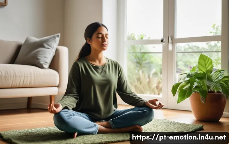 감정전이 방지 방법 - A serene indoor scene featuring a young adult woman practicing mindfulness meditation in a cozy livi...