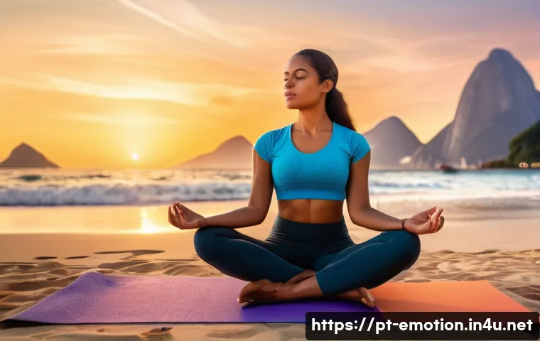 감정전이와 감정 변화를 위한 훈련 - A serene Brazilian woman practicing the 4-7-8 breathing technique outdoors during sunset in Rio de J...