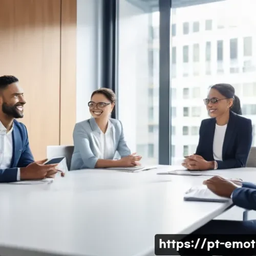 Home 33 감정전이 정신 건강 - A diverse office meeting scene showing a calm and optimistic leader speaking to a motivated team of ...