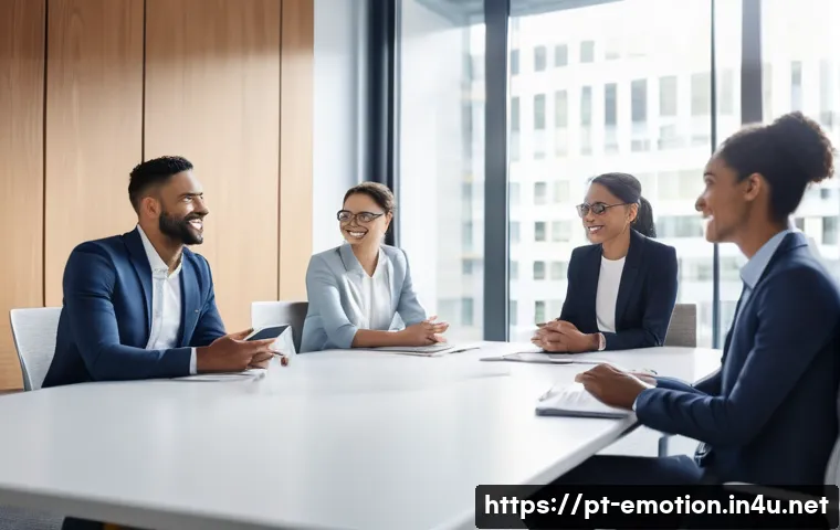 감정전이 정신 건강 - A diverse office meeting scene showing a calm and optimistic leader speaking to a motivated team of ...