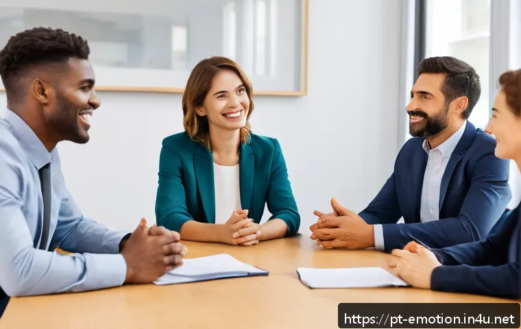 감정전이와 비언어적 소통 - A professional office meeting scene with diverse adults seated in a circular arrangement promoting e...