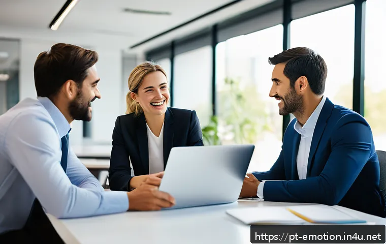 감정전이의 개념과 사례 - A warm, modern office scene showing a diverse team of professionals in business casual attire engagi...