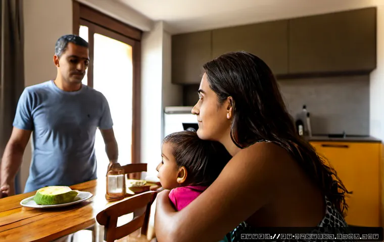 Home 17 감정전이와 갈등 조정 - Photorealistic scene of a Brazilian family in a bright São Paulo apartment kitchen, one stressed adu...