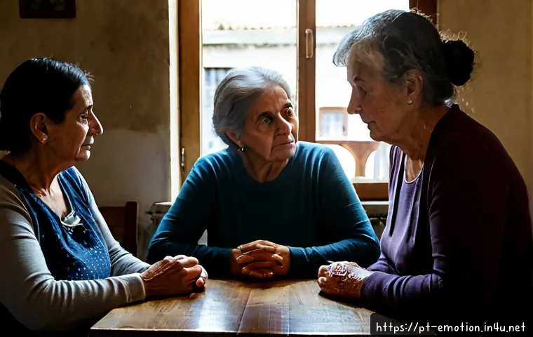 감정전이 심리적 영향 - Photorealistic Portuguese family kitchen in Lisbon, a worried middle-aged woman seated at a wooden t...